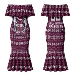 Personalized Sea Eagles Christmas Couples Matching Mermaid Dress and Hawaiian Shirt Australian Rugby Fans - Pixelated Ugly Xmas Pattern Mascot Santa