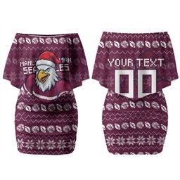 Personalized Sea Eagles Christmas Couples Matching Off Shoulder Short Dress and Long Sleeve Button Shirt Australian Rugby Fans - Pixelated Ugly Xmas Pattern Mascot Santa