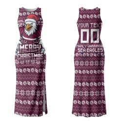 Personalized Sea Eagles Christmas Couples Matching Tank Maxi Dress and Hawaiian Shirt Australian Rugby Fans - Pixelated Ugly Xmas Pattern Mascot Santa