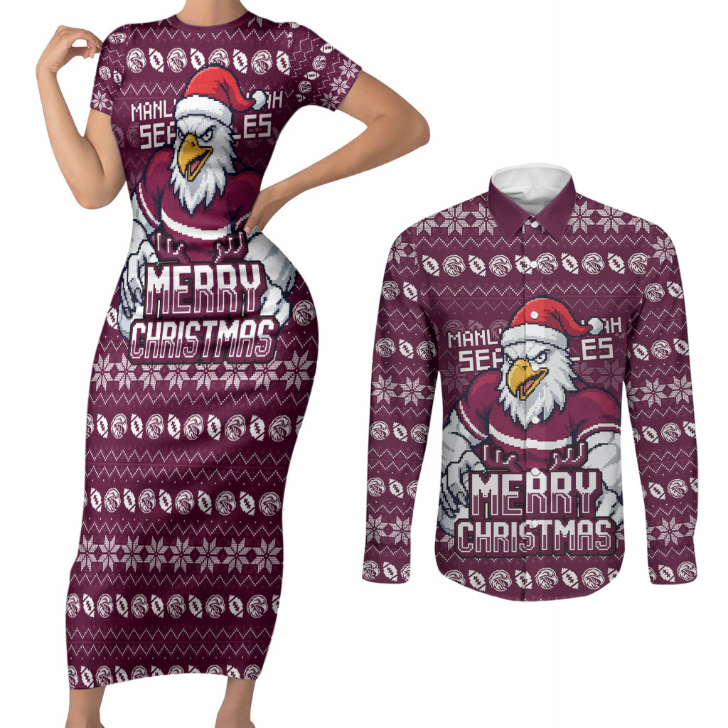 Personalized Sea Eagles Christmas Couples Matching Short Sleeve Bodycon Dress and Long Sleeve Button Shirt Australian Rugby Fans - Pixelated Ugly Xmas Pattern Mascot Santa