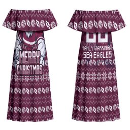 Personalized Sea Eagles Christmas Couples Matching Off Shoulder Maxi Dress and Long Sleeve Button Shirt Australian Rugby Fans - Pixelated Ugly Xmas Pattern Mascot Santa