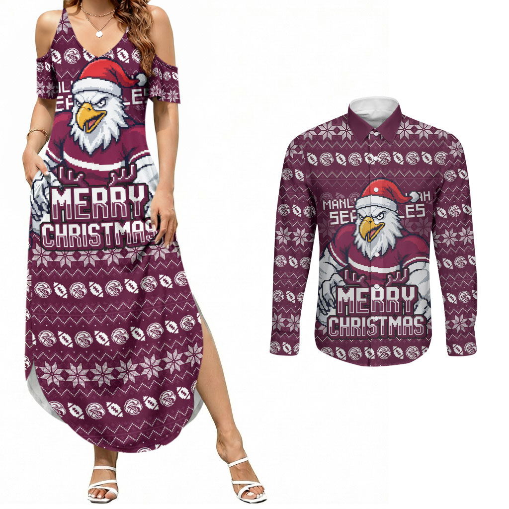Personalized Sea Eagles Christmas Couples Matching Summer Maxi Dress and Long Sleeve Button Shirt Australian Rugby Fans - Pixelated Ugly Xmas Pattern Mascot Santa