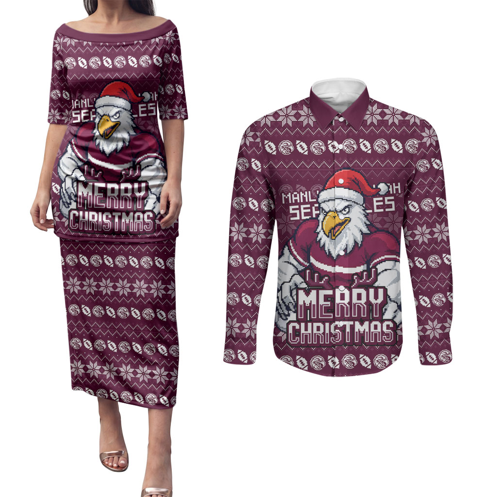 Personalized Sea Eagles Christmas Couples Matching Puletasi and Long Sleeve Button Shirt Australian Rugby Fans - Pixelated Ugly Xmas Pattern Mascot Santa