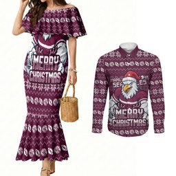 Personalized Sea Eagles Christmas Couples Matching Mermaid Dress and Long Sleeve Button Shirt Australian Rugby Fans - Pixelated Ugly Xmas Pattern Mascot Santa