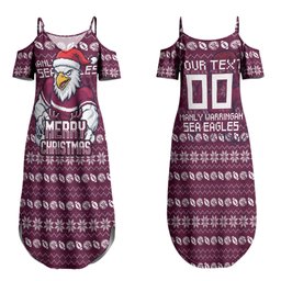 Personalized Sea Eagles Christmas Couples Matching Summer Maxi Dress and Long Sleeve Button Shirt Australian Rugby Fans - Pixelated Ugly Xmas Pattern Mascot Santa