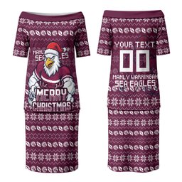 Personalized Sea Eagles Christmas Couples Matching Puletasi and Long Sleeve Button Shirt Australian Rugby Fans - Pixelated Ugly Xmas Pattern Mascot Santa