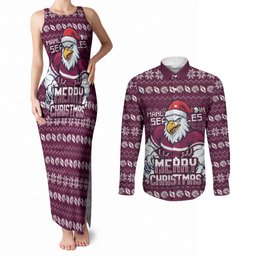 Personalized Sea Eagles Christmas Couples Matching Tank Maxi Dress and Long Sleeve Button Shirt Australian Rugby Fans - Pixelated Ugly Xmas Pattern Mascot Santa