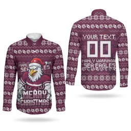 Personalized Sea Eagles Christmas Couples Matching Tank Maxi Dress and Long Sleeve Button Shirt Australian Rugby Fans - Pixelated Ugly Xmas Pattern Mascot Santa