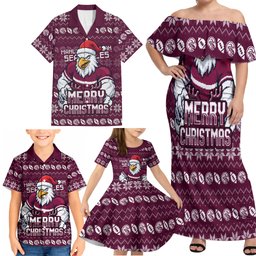 Personalized Sea Eagles Christmas Family Matching Off Shoulder Maxi Dress and Hawaiian Shirt Australian Rugby Fans - Pixelated Ugly Xmas Pattern Mascot Santa