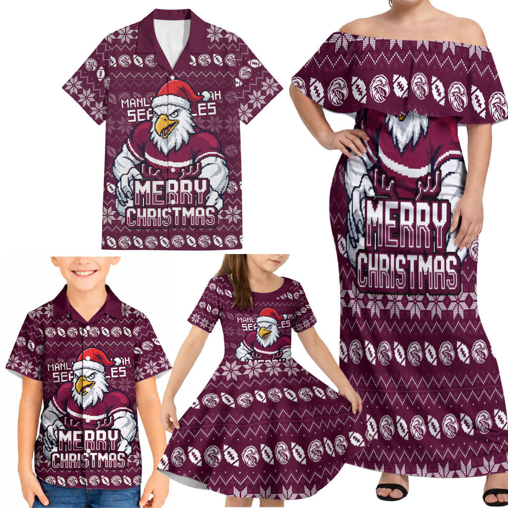 Personalized Sea Eagles Christmas Family Matching Off Shoulder Maxi Dress and Hawaiian Shirt Australian Rugby Fans - Pixelated Ugly Xmas Pattern Mascot Santa
