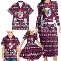Personalized Sea Eagles Christmas Family Matching Long Sleeve Bodycon Dress and Hawaiian Shirt Australian Rugby Fans - Pixelated Ugly Xmas Pattern Mascot Santa
