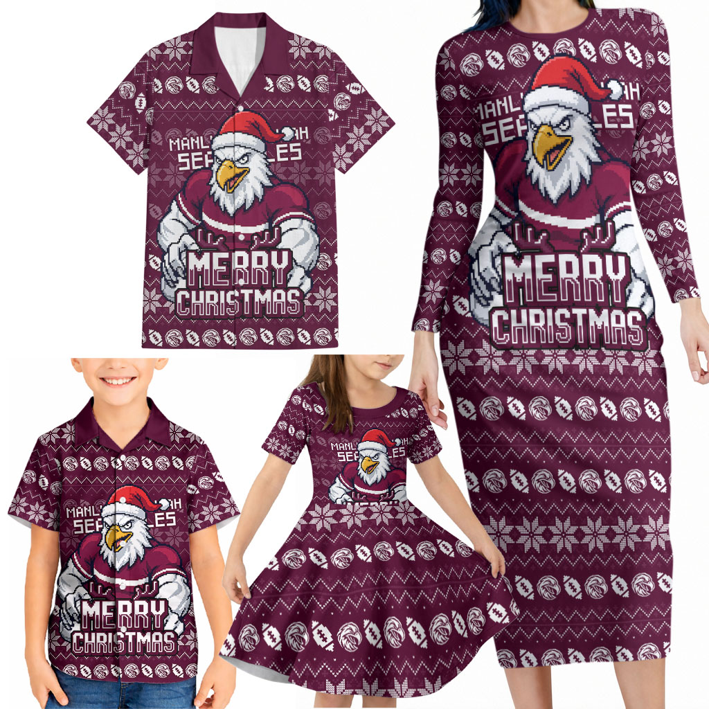 Personalized Sea Eagles Christmas Family Matching Long Sleeve Bodycon Dress and Hawaiian Shirt Australian Rugby Fans - Pixelated Ugly Xmas Pattern Mascot Santa