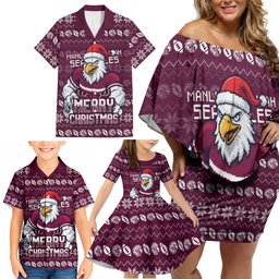 Personalized Sea Eagles Christmas Family Matching Off Shoulder Short Dress and Hawaiian Shirt Australian Rugby Fans - Pixelated Ugly Xmas Pattern Mascot Santa