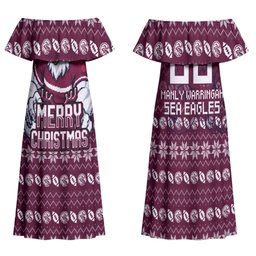 Personalized Sea Eagles Christmas Family Matching Off Shoulder Maxi Dress and Hawaiian Shirt Australian Rugby Fans - Pixelated Ugly Xmas Pattern Mascot Santa