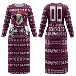 Personalized Sea Eagles Christmas Family Matching Long Sleeve Bodycon Dress and Hawaiian Shirt Australian Rugby Fans - Pixelated Ugly Xmas Pattern Mascot Santa