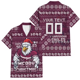 Personalized Sea Eagles Christmas Family Matching Long Sleeve Bodycon Dress and Hawaiian Shirt Australian Rugby Fans - Pixelated Ugly Xmas Pattern Mascot Santa