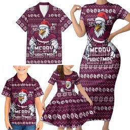 Personalized Sea Eagles Christmas Family Matching Short Sleeve Bodycon Dress and Hawaiian Shirt Australian Rugby Fans - Pixelated Ugly Xmas Pattern Mascot Santa