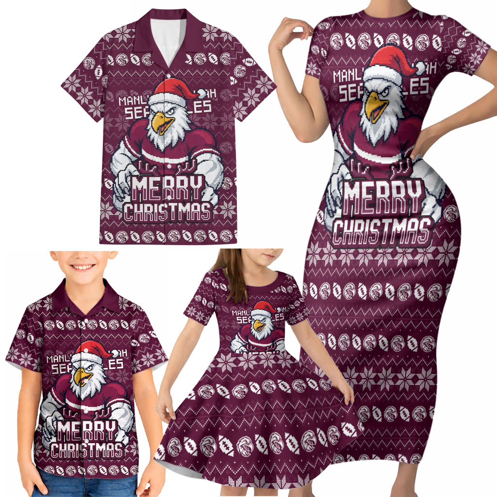 Personalized Sea Eagles Christmas Family Matching Short Sleeve Bodycon Dress and Hawaiian Shirt Australian Rugby Fans - Pixelated Ugly Xmas Pattern Mascot Santa