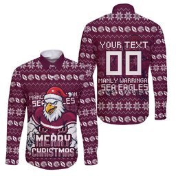Personalized Sea Eagles Christmas Family Matching Long Sleeve Bodycon Dress and Hawaiian Shirt Australian Rugby Fans - Pixelated Ugly Xmas Pattern Mascot Santa