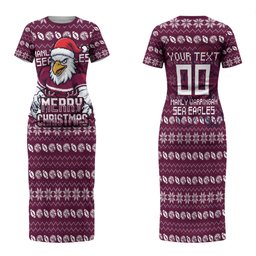 Personalized Sea Eagles Christmas Family Matching Short Sleeve Bodycon Dress and Hawaiian Shirt Australian Rugby Fans - Pixelated Ugly Xmas Pattern Mascot Santa