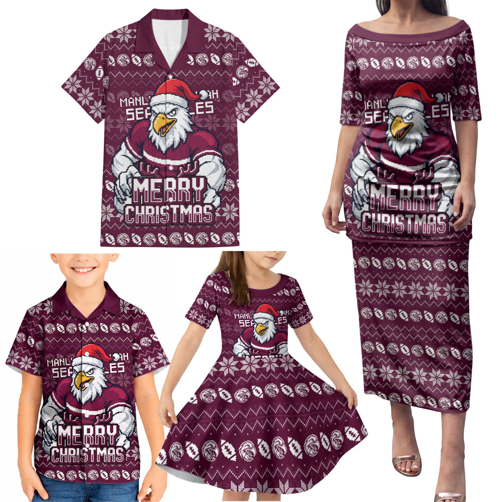 Personalized Sea Eagles Christmas Family Matching Puletasi and Hawaiian Shirt Australian Rugby Fans - Pixelated Ugly Xmas Pattern Mascot Santa