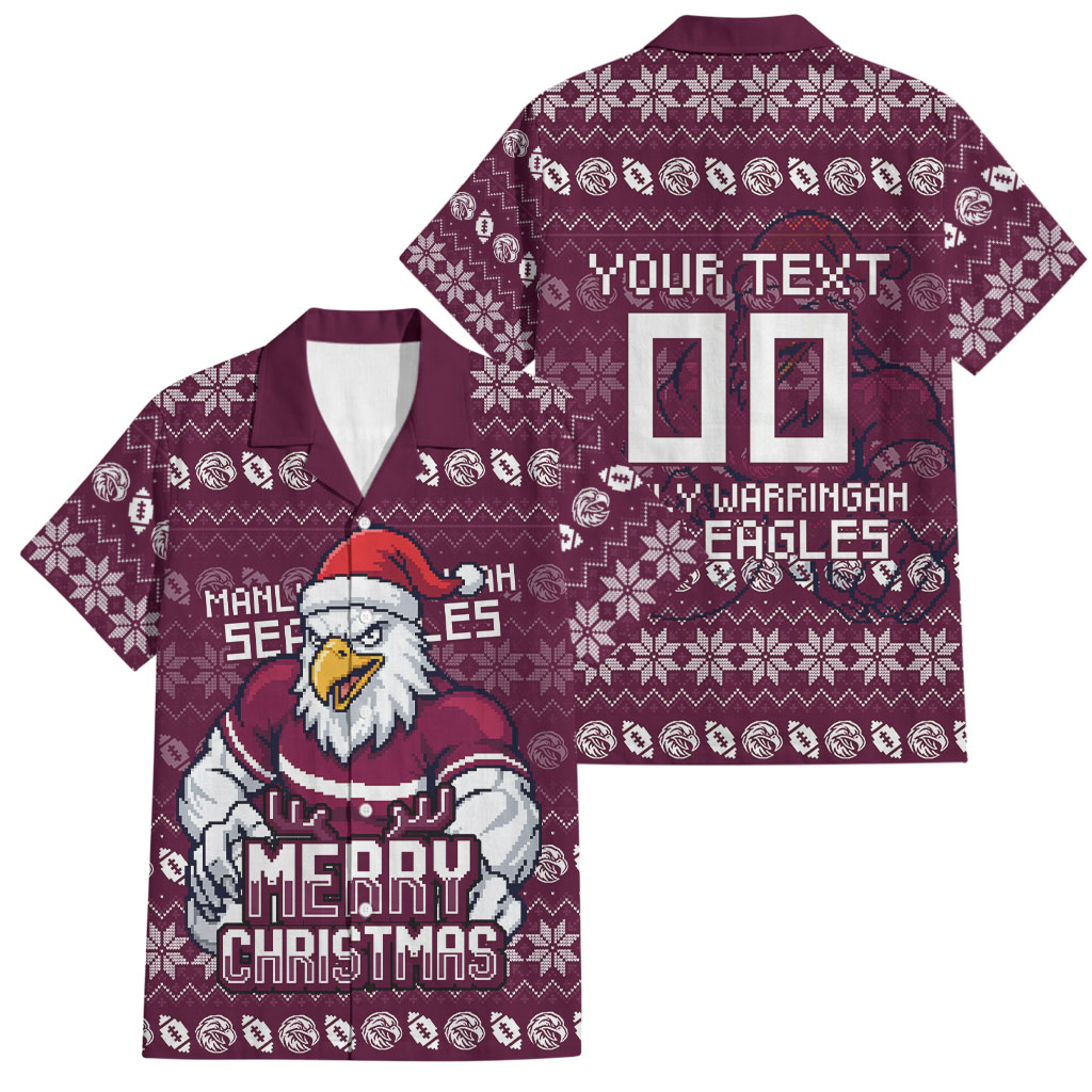 Personalized Sea Eagles Christmas Family Matching Short Sleeve Bodycon Dress and Hawaiian Shirt Australian Rugby Fans - Pixelated Ugly Xmas Pattern Mascot Santa