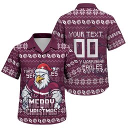 Personalized Sea Eagles Christmas Family Matching Off Shoulder Maxi Dress and Hawaiian Shirt Australian Rugby Fans - Pixelated Ugly Xmas Pattern Mascot Santa