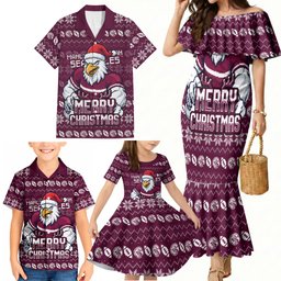 Personalized Sea Eagles Christmas Family Matching Mermaid Dress and Hawaiian Shirt Australian Rugby Fans - Pixelated Ugly Xmas Pattern Mascot Santa