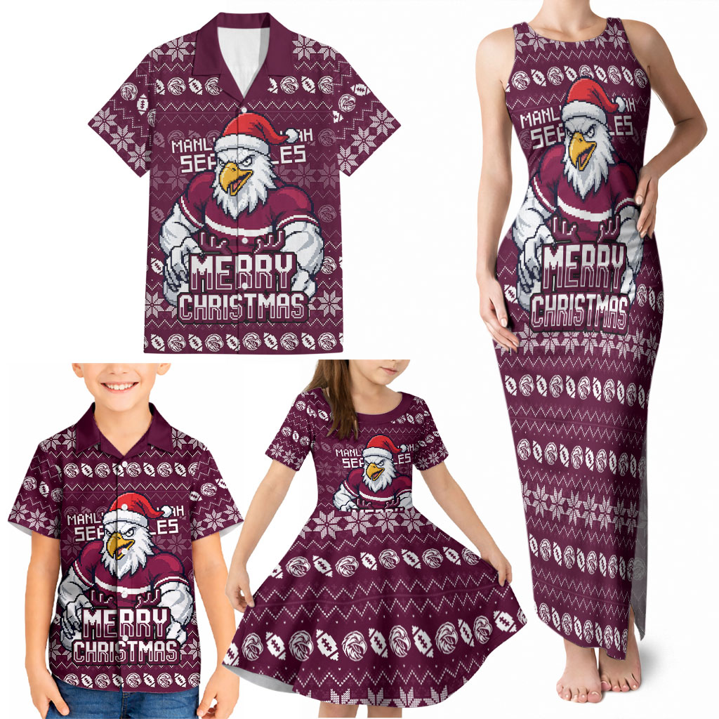 Personalized Sea Eagles Christmas Family Matching Tank Maxi Dress and Hawaiian Shirt Australian Rugby Fans - Pixelated Ugly Xmas Pattern Mascot Santa
