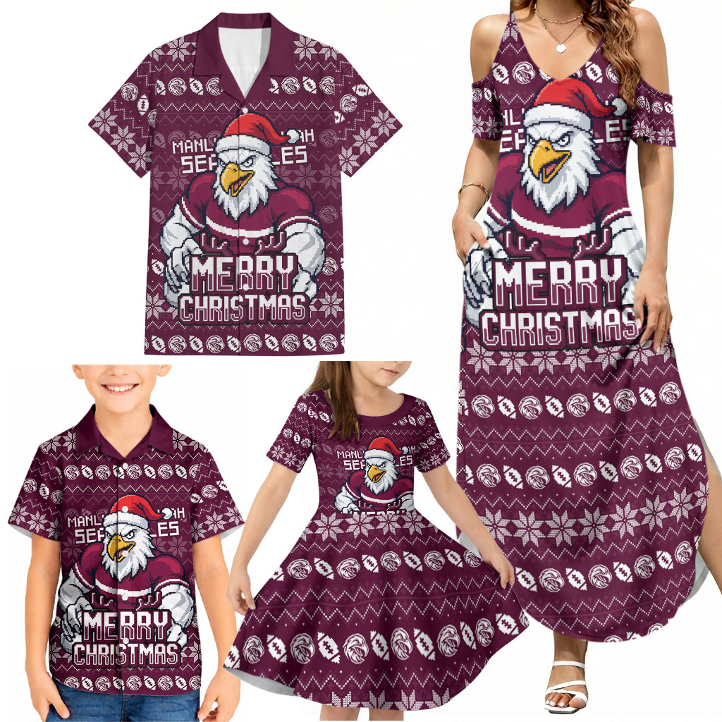 Personalized Sea Eagles Christmas Family Matching Summer Maxi Dress and Hawaiian Shirt Australian Rugby Fans - Pixelated Ugly Xmas Pattern Mascot Santa