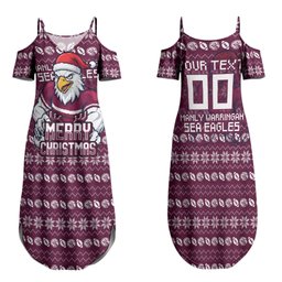 Personalized Sea Eagles Christmas Family Matching Summer Maxi Dress and Hawaiian Shirt Australian Rugby Fans - Pixelated Ugly Xmas Pattern Mascot Santa