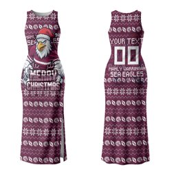 Personalized Sea Eagles Christmas Family Matching Tank Maxi Dress and Hawaiian Shirt Australian Rugby Fans - Pixelated Ugly Xmas Pattern Mascot Santa
