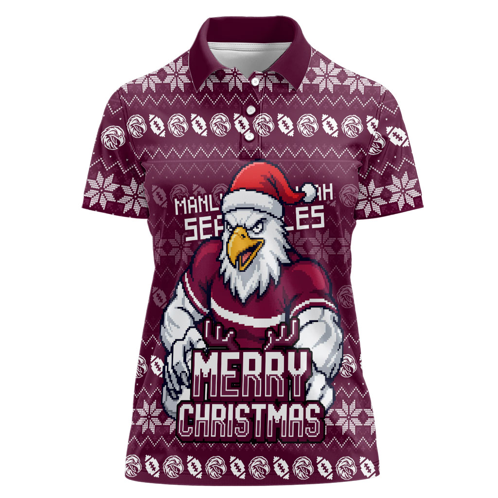 Personalized Sea Eagles Christmas Women Polo Shirt Australian Rugby Fans - Pixelated Ugly Xmas Pattern Mascot Santa