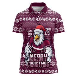 Personalized Sea Eagles Christmas Women Polo Shirt Australian Rugby Fans - Pixelated Ugly Xmas Pattern Mascot Santa