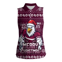 Personalized Sea Eagles Christmas Women Sleeveless Polo Shirt Australian Rugby Fans - Pixelated Ugly Xmas Pattern Mascot Santa