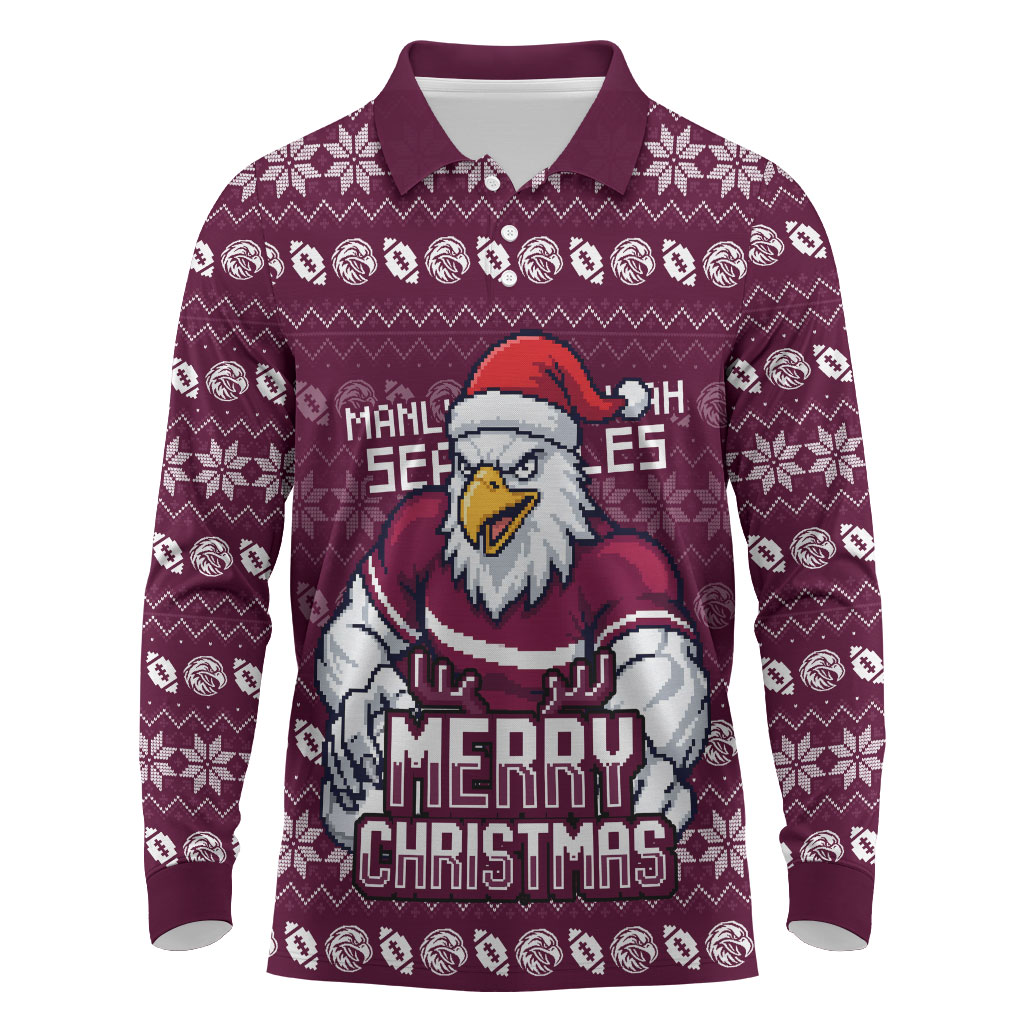 Personalized Sea Eagles Christmas Long Sleeve Polo Shirt Australian Rugby Fans - Pixelated Ugly Xmas Pattern Mascot Santa