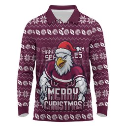 Personalized Sea Eagles Christmas Long Sleeve Polo Shirt Australian Rugby Fans - Pixelated Ugly Xmas Pattern Mascot Santa