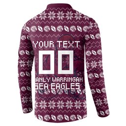 Personalized Sea Eagles Christmas Button Sweatshirt Australian Rugby Fans - Pixelated Ugly Xmas Pattern Mascot Santa
