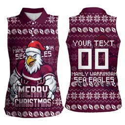 Personalized Sea Eagles Christmas Women Sleeveless Polo Shirt Australian Rugby Fans - Pixelated Ugly Xmas Pattern Mascot Santa