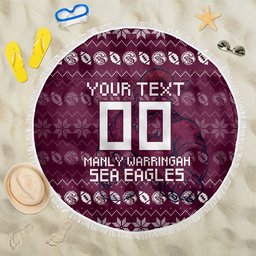 Personalized Sea Eagles Christmas Beach Blanket Australian Rugby Fans - Pixelated Ugly Xmas Pattern Mascot Santa