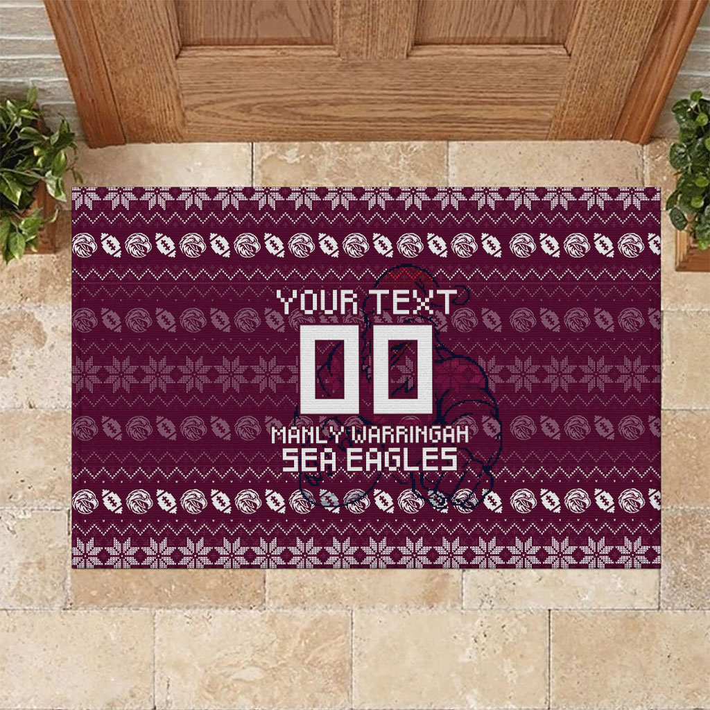 Personalized Sea Eagles Christmas Rubber Doormat Australian Rugby Fans - Pixelated Ugly Xmas Pattern Mascot Santa