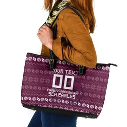 Personalized Sea Eagles Christmas Leather Tote Bag Australian Rugby Fans - Pixelated Ugly Xmas Pattern Mascot Santa