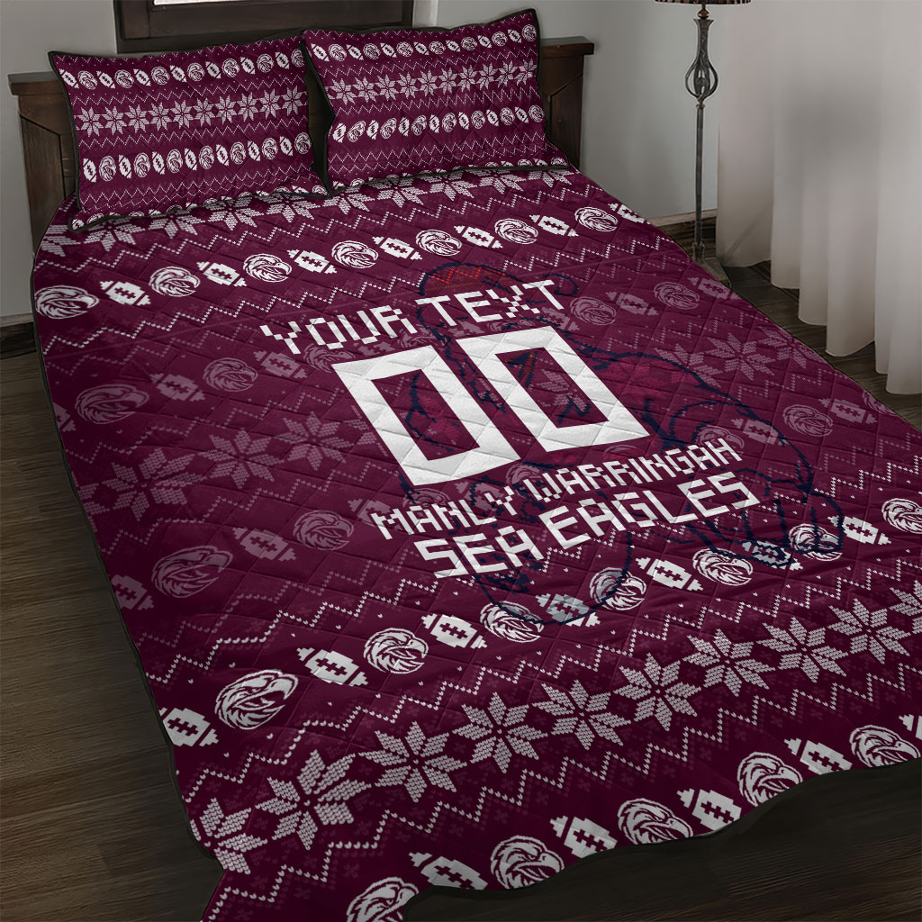 Personalized Sea Eagles Christmas Quilt Bed Set Australian Rugby Fans - Pixelated Ugly Xmas Pattern Mascot Santa