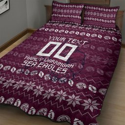 Personalized Sea Eagles Christmas Quilt Bed Set Australian Rugby Fans - Pixelated Ugly Xmas Pattern Mascot Santa