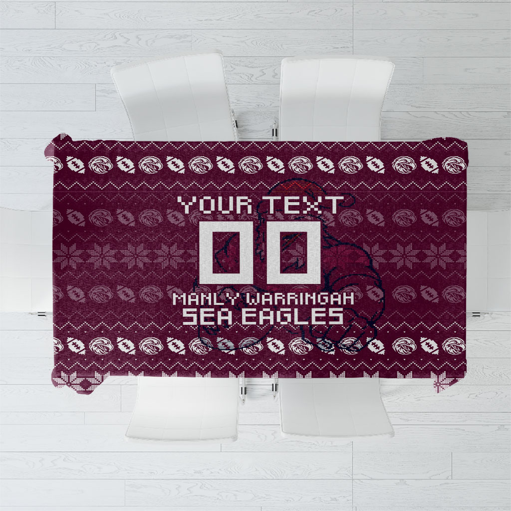 Personalized Sea Eagles Christmas Tablecloth Australian Rugby Fans - Pixelated Ugly Xmas Pattern Mascot Santa