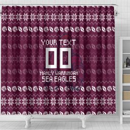 Personalized Sea Eagles Christmas Shower Curtain Australian Rugby Fans - Pixelated Ugly Xmas Pattern Mascot Santa