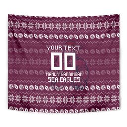 Personalized Sea Eagles Christmas Tapestry Australian Rugby Fans - Pixelated Ugly Xmas Pattern Mascot Santa