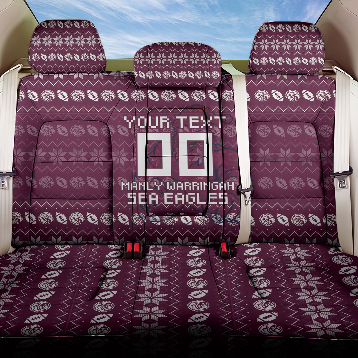 Personalized Sea Eagles Christmas Back Car Seat Cover Australian Rugby Fans - Pixelated Ugly Xmas Pattern Mascot Santa