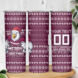 Personalized Sea Eagles Christmas Skinny Tumbler Australian Rugby Fans - Pixelated Ugly Xmas Pattern Mascot Santa