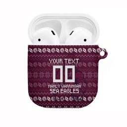 Personalized Sea Eagles Christmas AirPods Case Australian Rugby Fans - Pixelated Ugly Xmas Pattern Mascot Santa